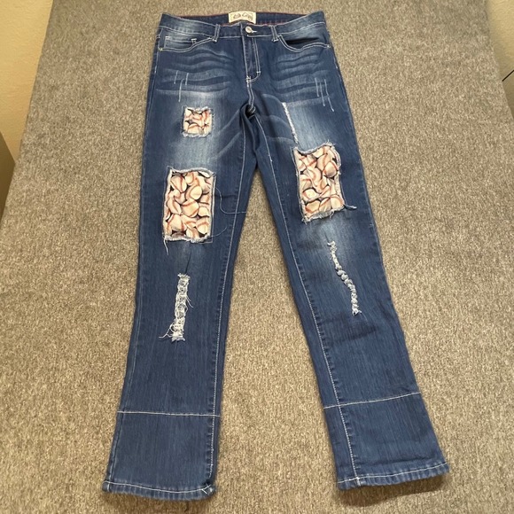 L&B Denim - L&B Baseball Patch Distressed Jeans Womens 14 Medium Wash Straight‎ Leg Stretch